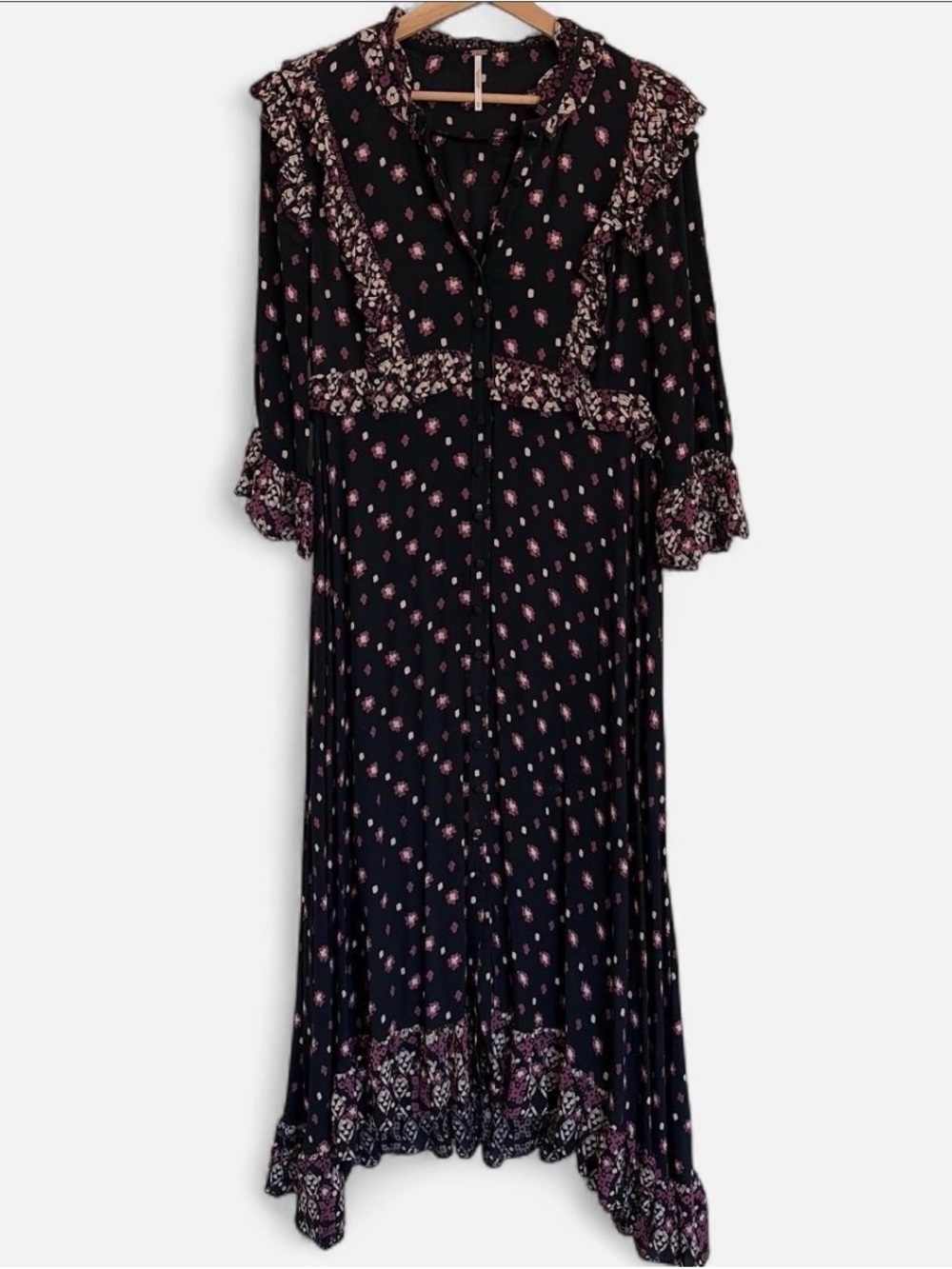 Free Poeple Women's Navy Dress with Purple and Cream Floral Print